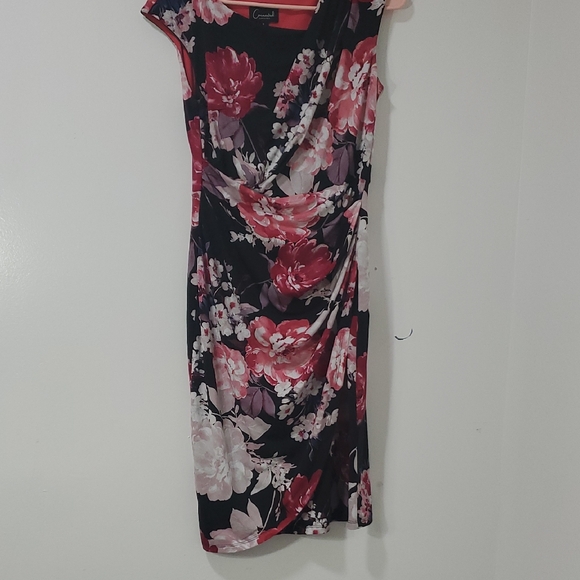 Connected Apparel Floral Asymmetrical Dress - Black and Pink - Picture 1 of 9